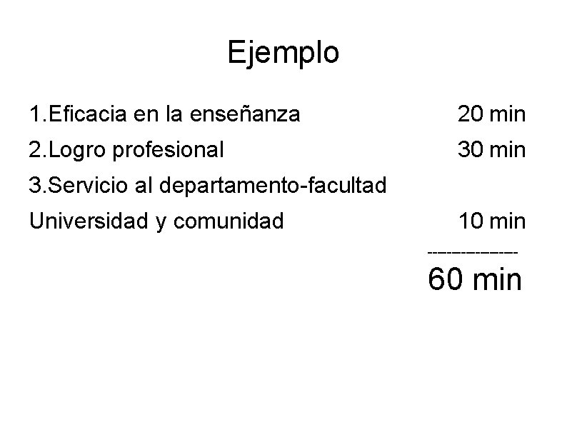 Ejemplo 1. Eficacia en la enseñanza 20 min 2. Logro profesional 30 min 3.