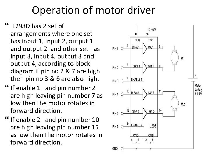 Operation of motor driver L 293 D has 2 set of arrangements where one