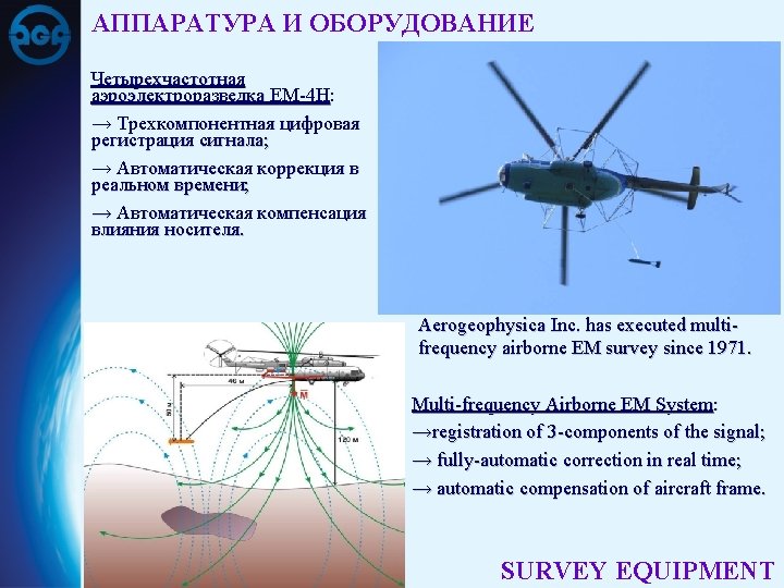 АППАРАТУРА И ОБОРУДОВАНИЕ Четырехчастотная аэроэлектроразведка EM-4 H: → Трехкомпонентная цифровая регистрация сигнала; → Автоматическая