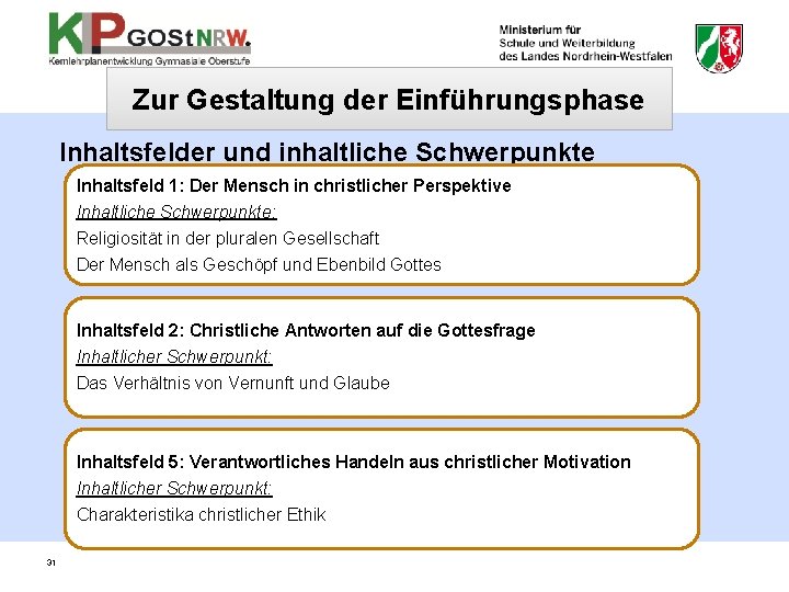 Zur Gestaltung der Einführungsphase Inhaltsfelder und inhaltliche Schwerpunkte Inhaltsfeld 1: Der Mensch in christlicher