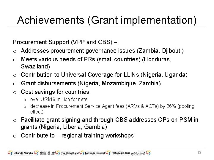 Achievements (Grant implementation) Procurement Support (VPP and CBS) – o Addresses procurement governance issues