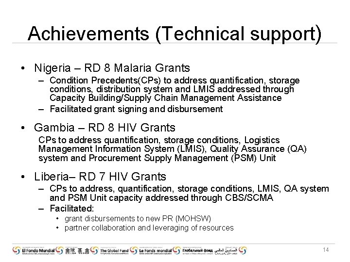 Achievements (Technical support) • Nigeria – RD 8 Malaria Grants – Condition Precedents(CPs) to