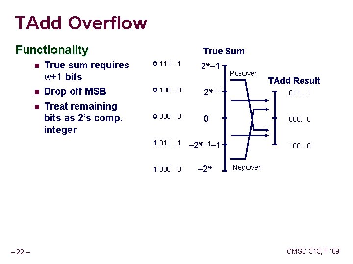 TAdd Overflow Functionality n n n – 22 – True sum requires w+1 bits