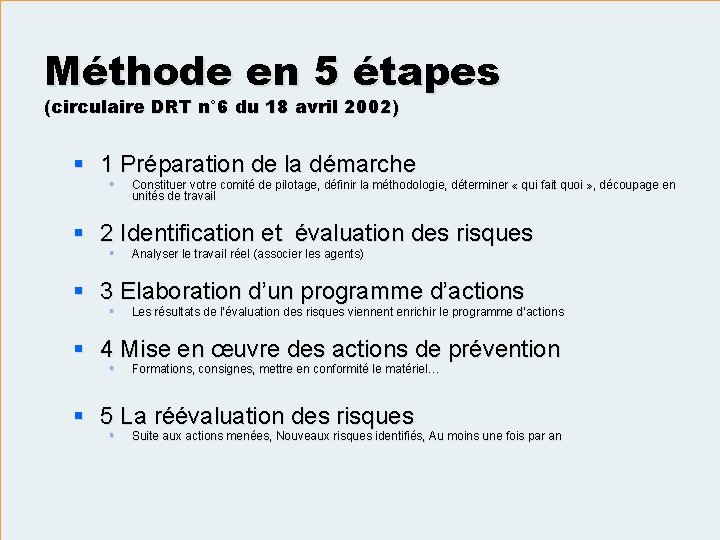 Méthode en 5 étapes (circulaire DRT n° 6 du 18 avril 2002) § 1