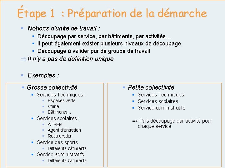 Étape 1 : Préparation de la démarche § Notions d’unité de travail : §