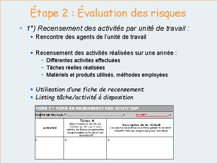 Étape 2 : Évaluation des risques § 1°) Recensement des activités par unité de