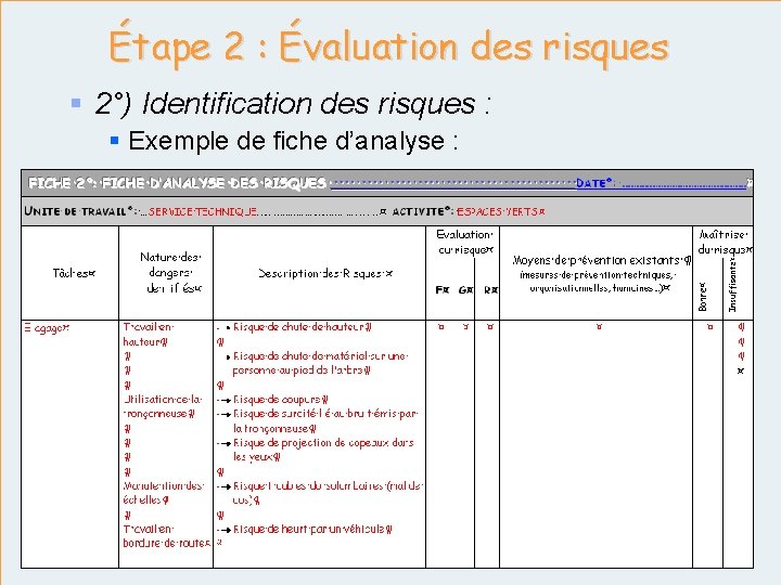 Étape 2 : Évaluation des risques § 2°) Identification des risques : § Exemple