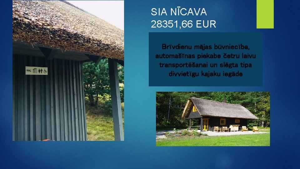 SIA NĪCAVA 28351, 66 EUR Brīvdienu mājas būvniecība, automašīnas piekabe četru laivu transportēšanai un