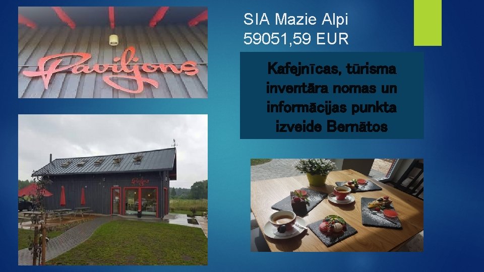 SIA Mazie Alpi 59051, 59 EUR Kafejnīcas, tūrisma inventāra nomas un informācijas punkta izveide