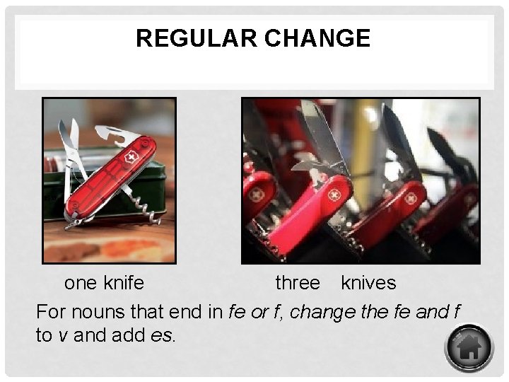 REGULAR CHANGE one knife three knives For nouns that end in fe or f,