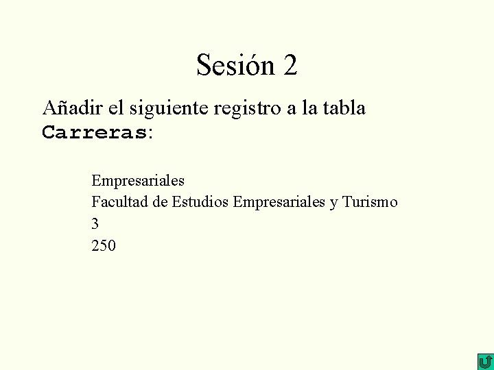 Sesión 2 Añadir el siguiente registro a la tabla Carreras: Empresariales Facultad de Estudios