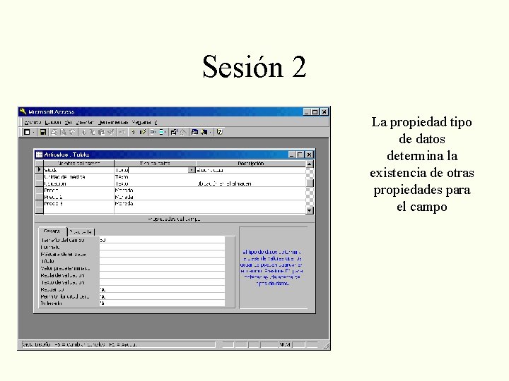 Sesión 2 La propiedad tipo de datos determina la existencia de otras propiedades para