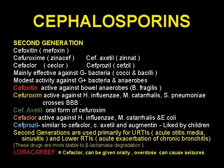 CEPHALOSPORINS SECOND GENERATION Cefoxitin ( mefoxin ) Cefuroxime ( zinacef ) Cef. axetil (
