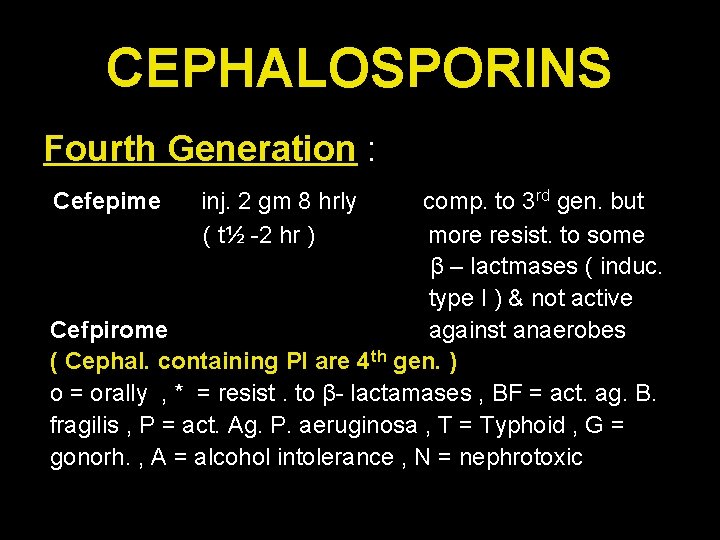 CEPHALOSPORINS Fourth Generation : Cefepime inj. 2 gm 8 hrly ( t½ -2 hr