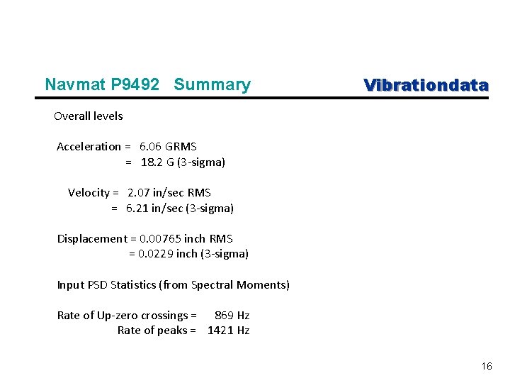 Navmat P 9492 Summary Vibrationdata Overall levels Acceleration = 6. 06 GRMS = 18.