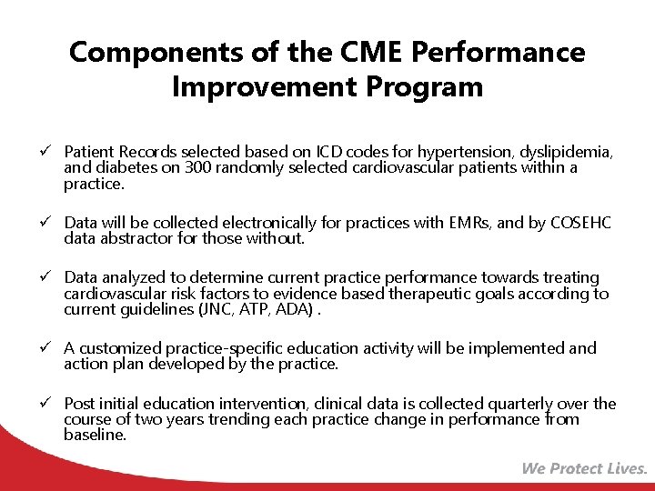 Components of the CME Performance Improvement Program ü Patient Records selected based on ICD