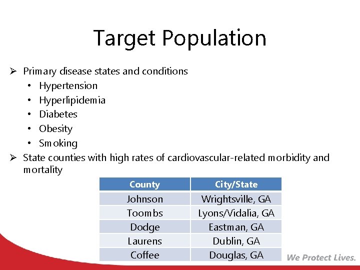 Target Population Ø Primary disease states and conditions • Hypertension • Hyperlipidemia • Diabetes