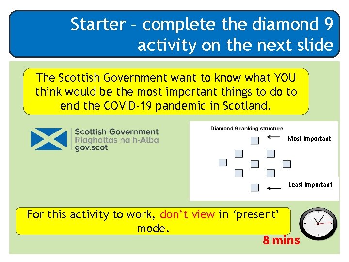 Starter – complete the diamond 9 activity on the next slide The Scottish Government