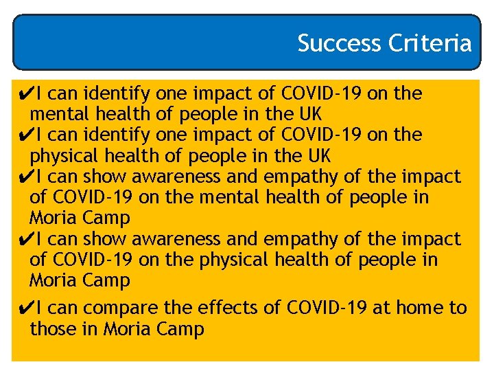 Success Criteria ✔I can identify one impact of COVID-19 on the mental health of