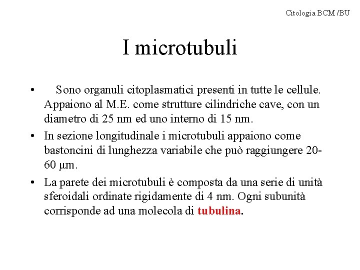 Citologia BCM /BU I microtubuli • Sono organuli citoplasmatici presenti in tutte le cellule.