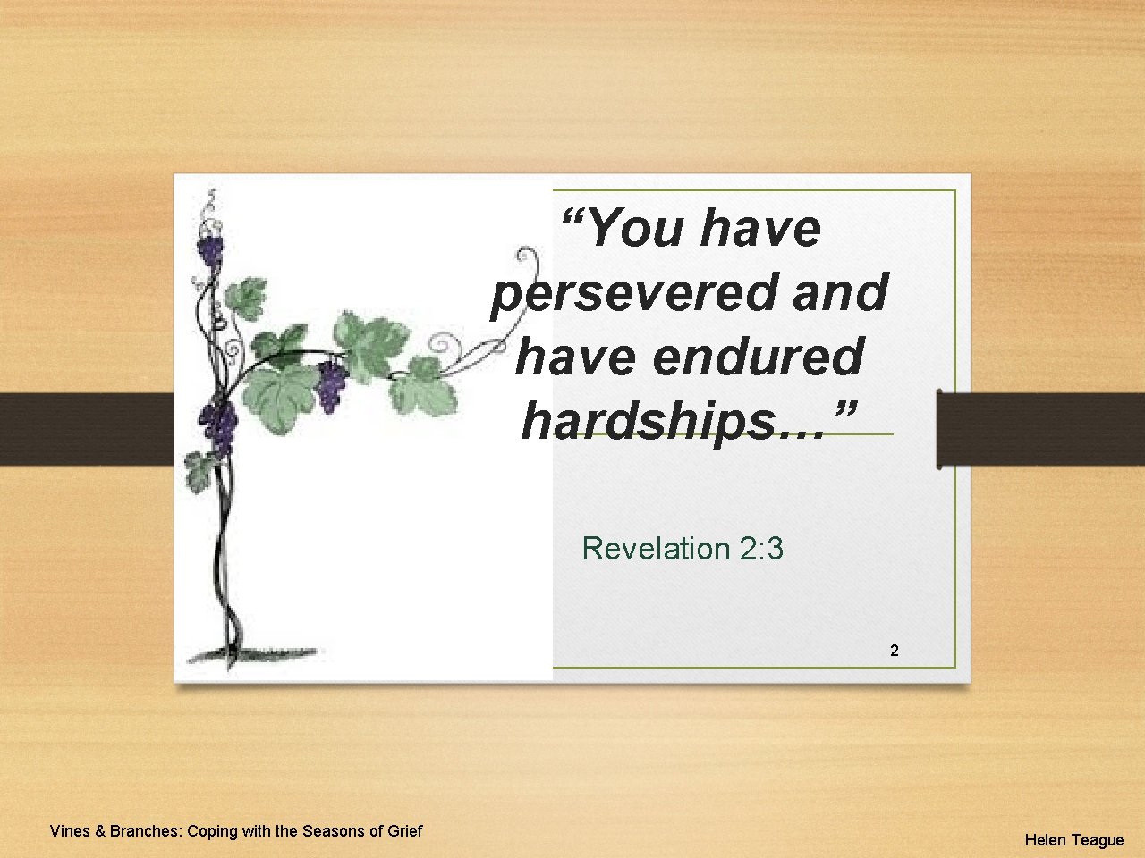 “You have persevered and have endured hardships…” Revelation 2: 3 2 Vines & Branches: