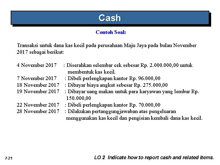 Cash Contoh Soal: Transaksi untuk dana kas kecil pada perusahaan Maju Jaya pada bulan