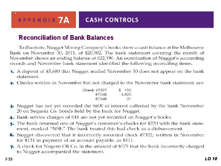 Reconciliation of Bank Balances 7 -33 LO 10 