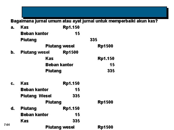 Bagaimana jurnal umum atau ayat jurnal untuk memperbaiki akun kas? a. Kas Rp 1.