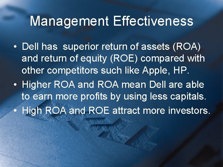 Management Effectiveness • Dell has superior return of assets (ROA) and return of equity