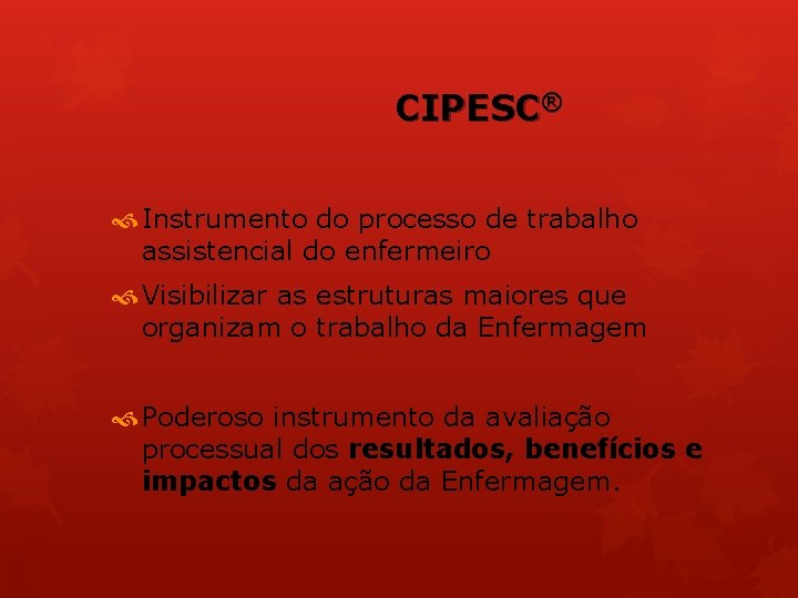 CIPESC® Instrumento do processo de trabalho assistencial do enfermeiro Visibilizar as estruturas maiores que