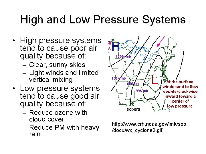 High and Low Pressure Systems • High pressure systems tend to cause poor air