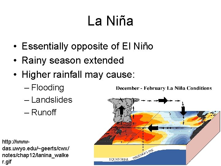 La Niña • Essentially opposite of El Niño • Rainy season extended • Higher