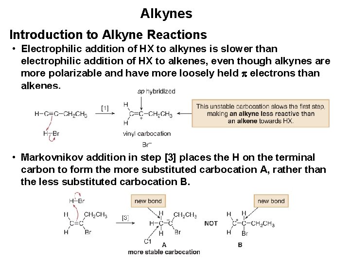 Alkynes Introduction to Alkyne Reactions • Electrophilic addition of HX to alkynes is slower