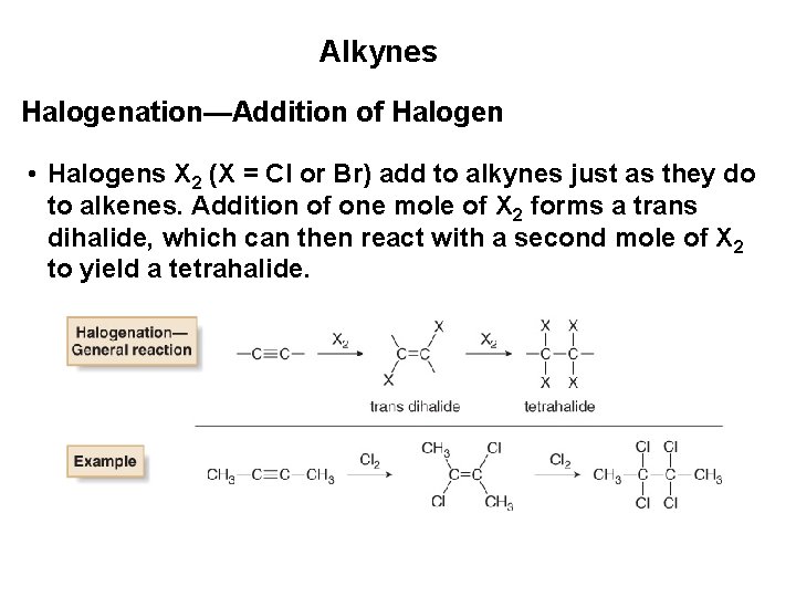 Alkynes Halogenation—Addition of Halogen • Halogens X 2 (X = Cl or Br) add
