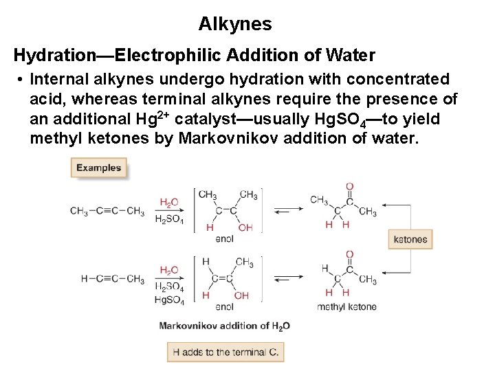 Alkynes Hydration—Electrophilic Addition of Water • Internal alkynes undergo hydration with concentrated acid, whereas