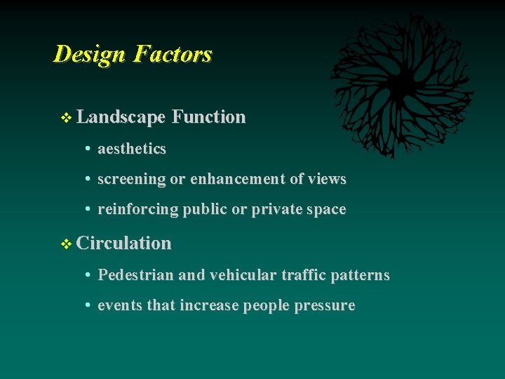 Design Factors Landscape Function • aesthetics • screening or enhancement of views • reinforcing