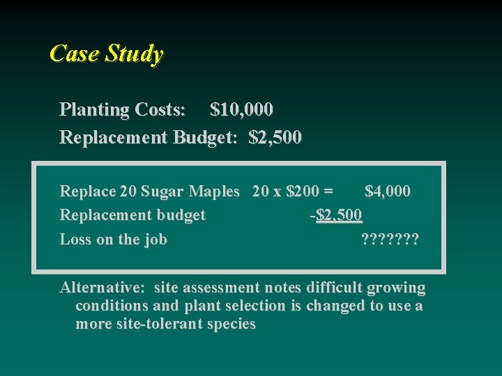 Case Study Planting Costs: $10, 000 Replacement Budget: $2, 500 Replace 20 Sugar Maples