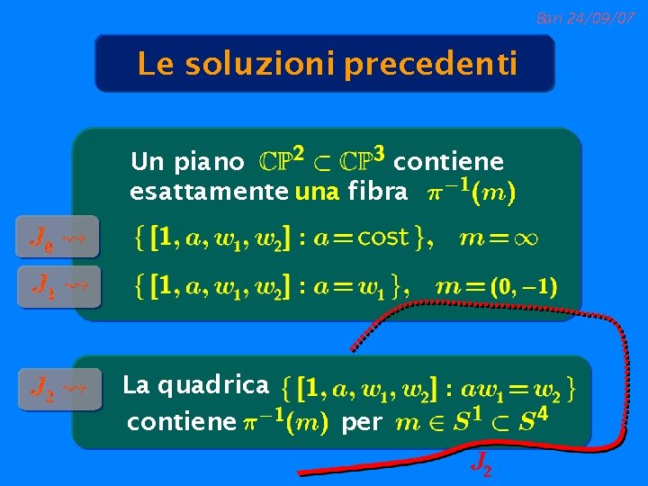 Bari 24/09/07 Le soluzioni precedenti Un piano contiene esattamente una fibra La quadrica contiene