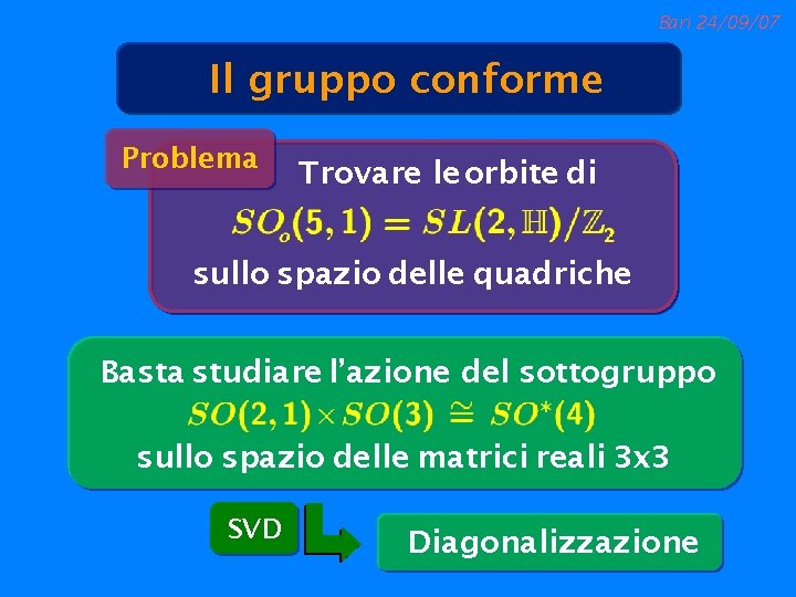 Bari 24/09/07 Il gruppo conforme Problema Trovare le orbite di sullo spazio delle quadriche