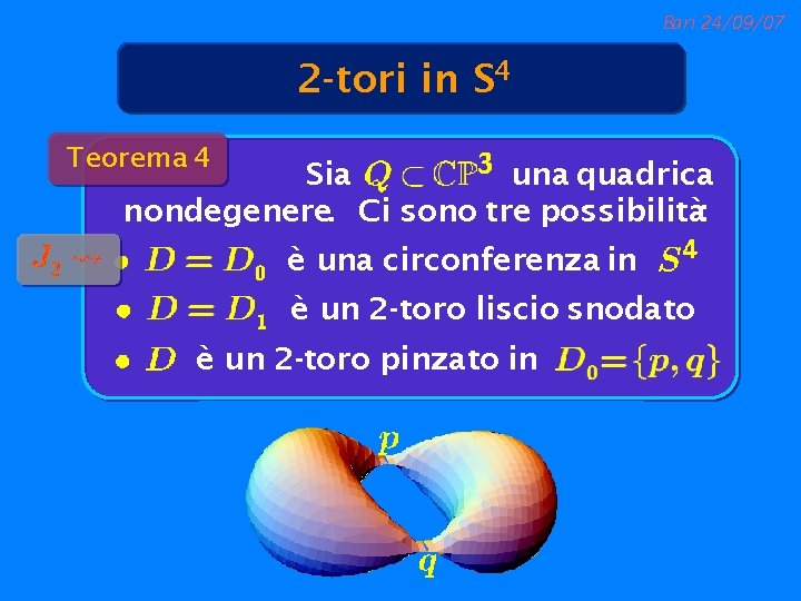 Bari 24/09/07 2 -tori in S 4 Teorema 4 Sia una quadrica nondegenere. Ci