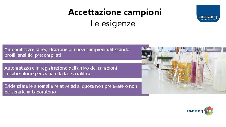 Accettazione campioni Le esigenze Automatizzare la registrazione di nuovi campioni utilizzando profili analitici precompilati