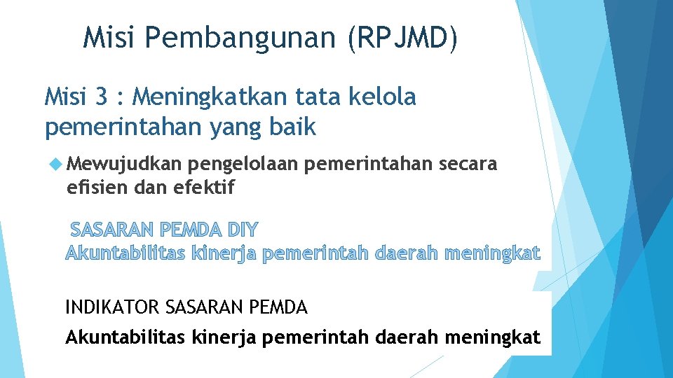 Misi Pembangunan (RPJMD) Misi 3 : Meningkatkan tata kelola pemerintahan yang baik Mewujudkan pengelolaan