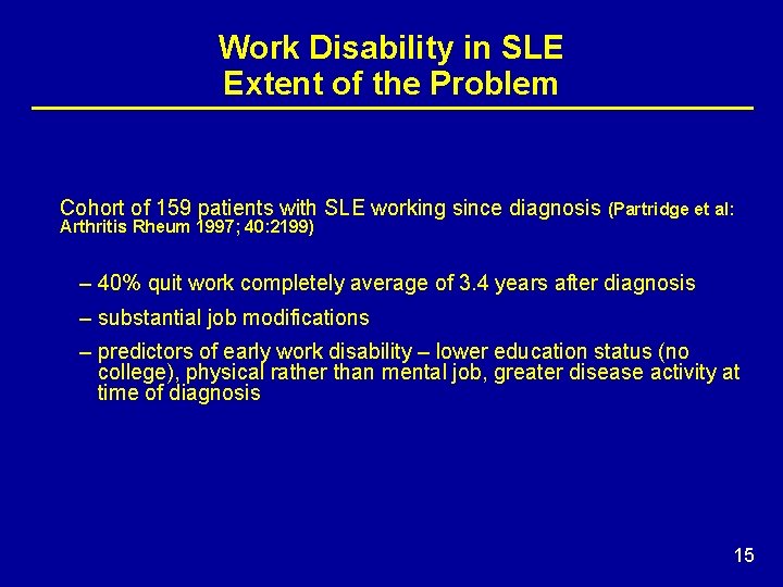 Work Disability in SLE Extent of the Problem Cohort of 159 patients with SLE