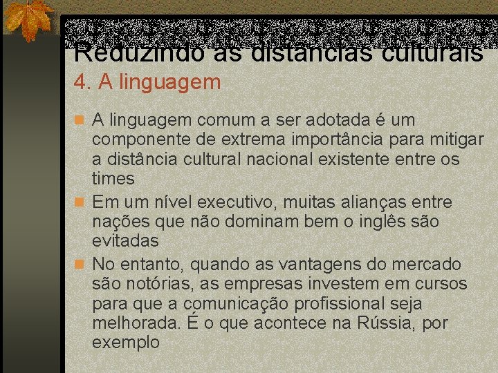 Reduzindo as distâncias culturais 4. A linguagem n A linguagem comum a ser adotada