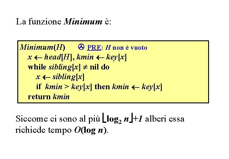 Minimum La funzione Minimum è: Minimum(H) PRE: H non è vuoto x head[H], kmin