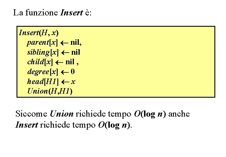 La funzione Insert è: Insert(H, x) parent[x] nil, sibling[x] nil child[x] nil , degree[x]