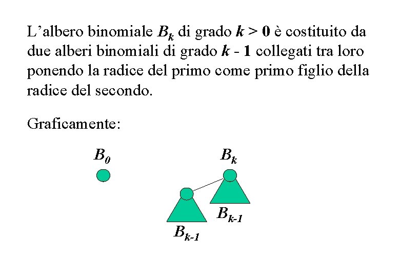 L’albero binomiale Bk di grado k > 0 è costituito da due alberi binomiali