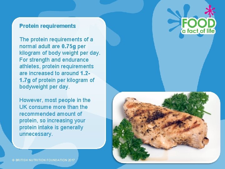 Protein requirements The protein requirements of a normal adult are 0. 75 g per