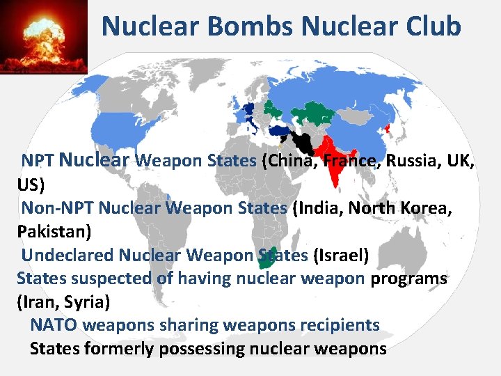 Nuclear Bombs Nuclear Club NPT Nuclear Weapon States (China, France, Russia, UK, US) Non-NPT