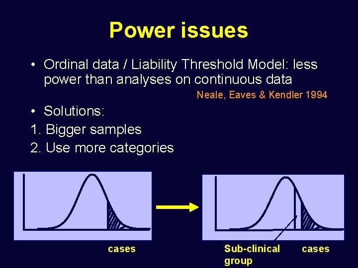 Power issues • Ordinal data / Liability Threshold Model: less power than analyses on